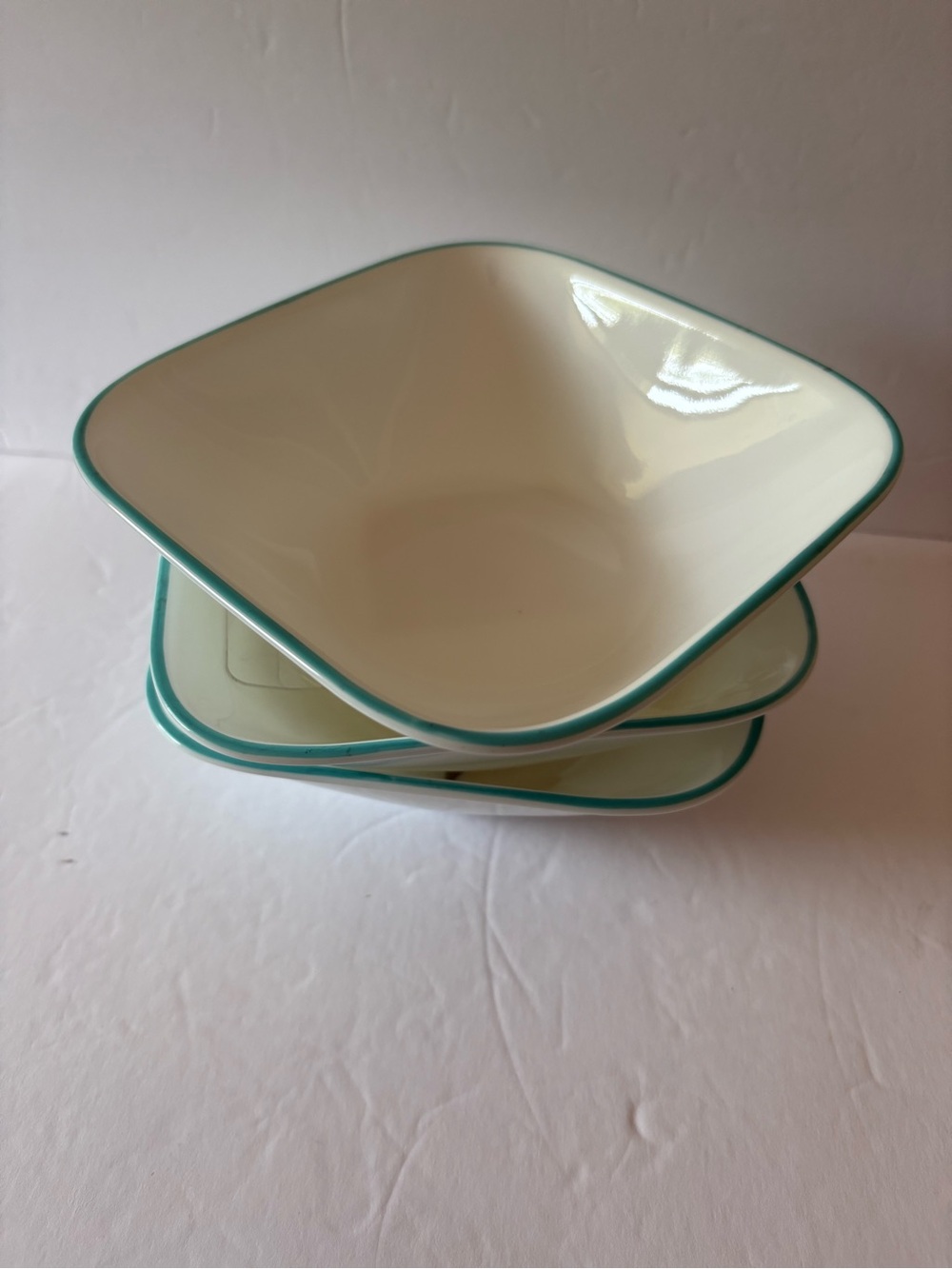 Corelle Vitrelle Square Cereal Soup Bowls Turquoise Blue Rim Lot of Theee